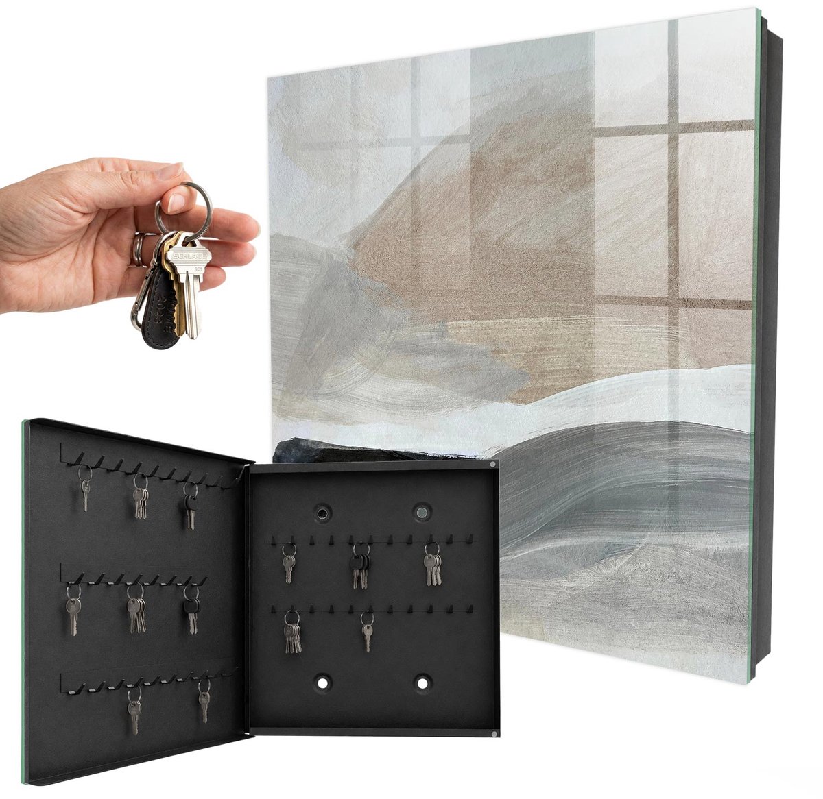 WallMuralia - Sleutelkast - 30x30x5 cm - met 50 haken - Pastel Harmonie Design Sleutelkastje - Beige Sleutelbox - Linksopenend - Zwart interieur