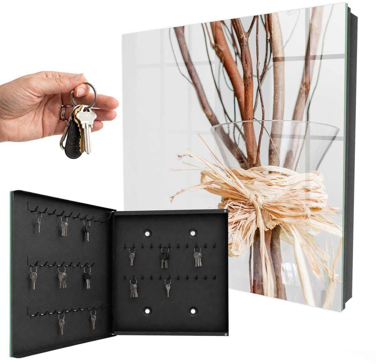 WallMuralia - Sleutelkast - 30x30x5 cm - met 50 haken - Takken In Een Vaas Sleutelkastje Hal - Beige Sleutelbox - Linksopenend - Zwart interieur