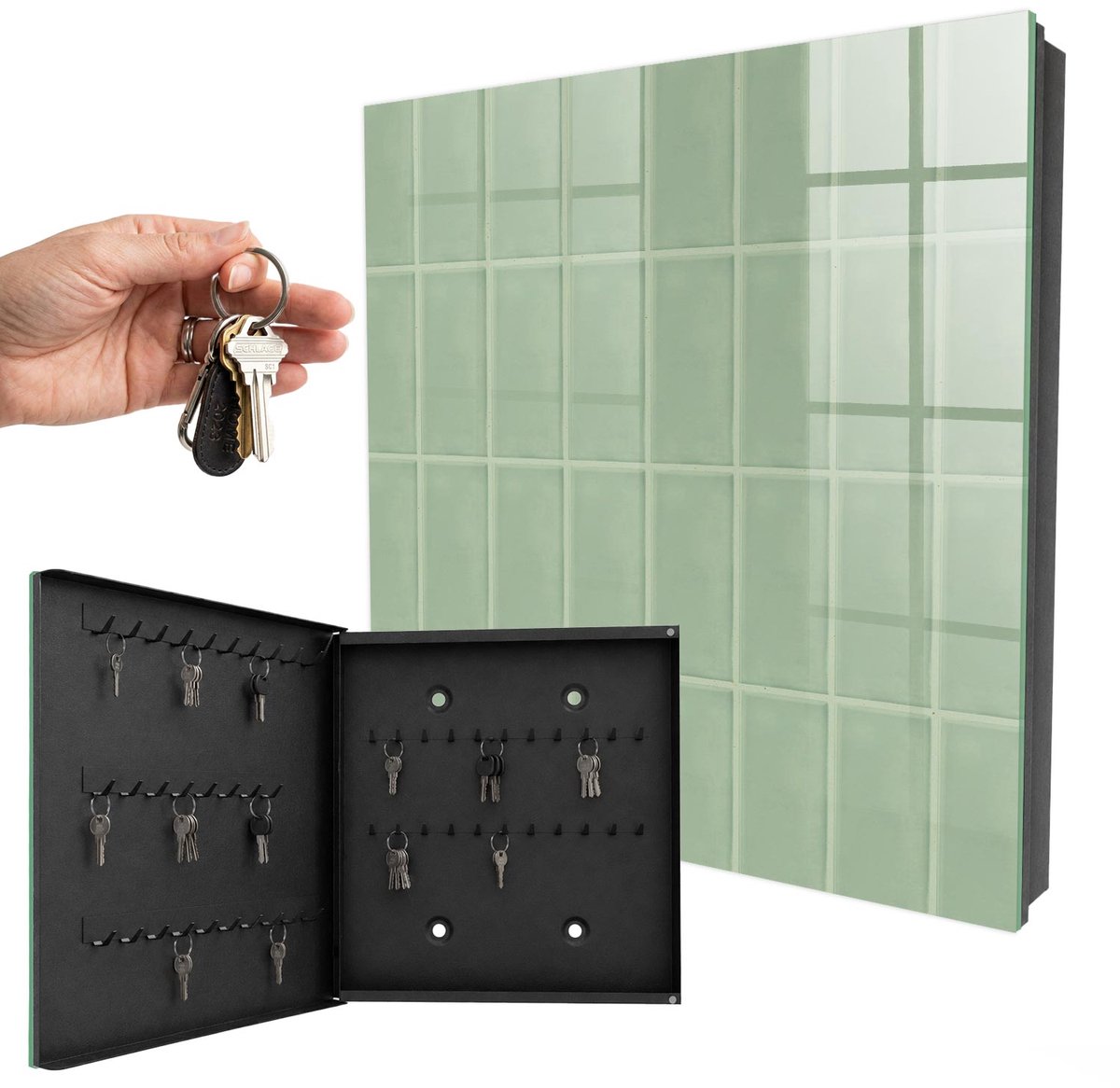WallMuralia - Sleutelkast - 30x30x5 cm - met 50 haken - Groene Tegels Sleutelkastje Voor Binnen - Groente Sleutelbox - Linksopenend - Zwart interieur