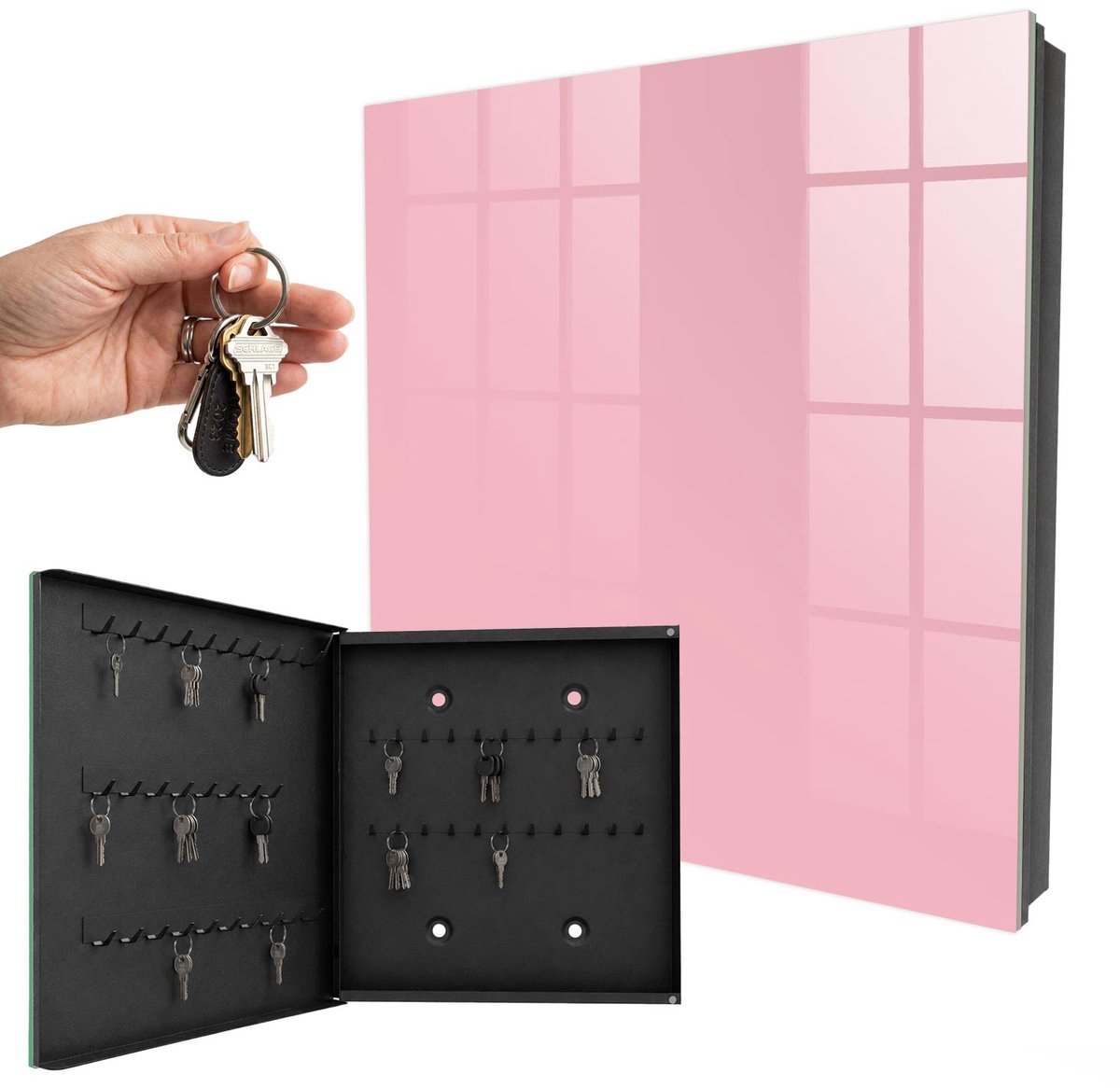 WallMuralia - Sleutelkast - 30x30x5 cm - met 50 haken - Lichtroze Sleutelkastje Landelijk - Roze Sleutelbox - Linksopenend - Zwart interieur