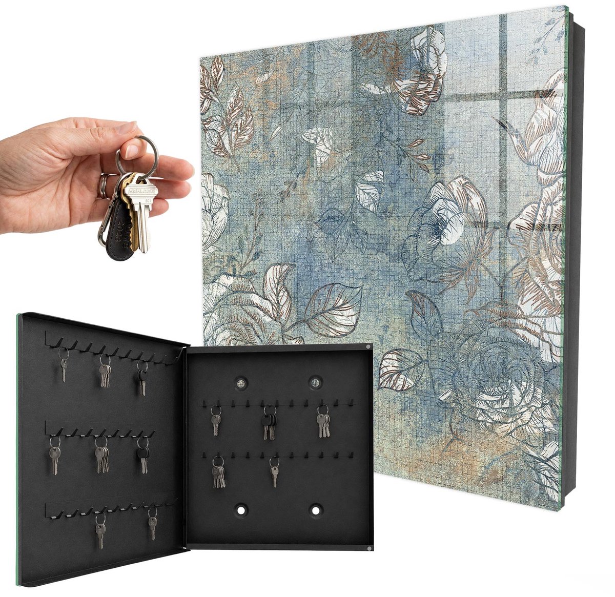 WallMuralia - Sleutelkast - 30x30x5 cm - met 50 haken - Bloemenpatroon Leuk Sleutelkastje - Blauw Sleutelbox - Linksopenend - Zwart interieur