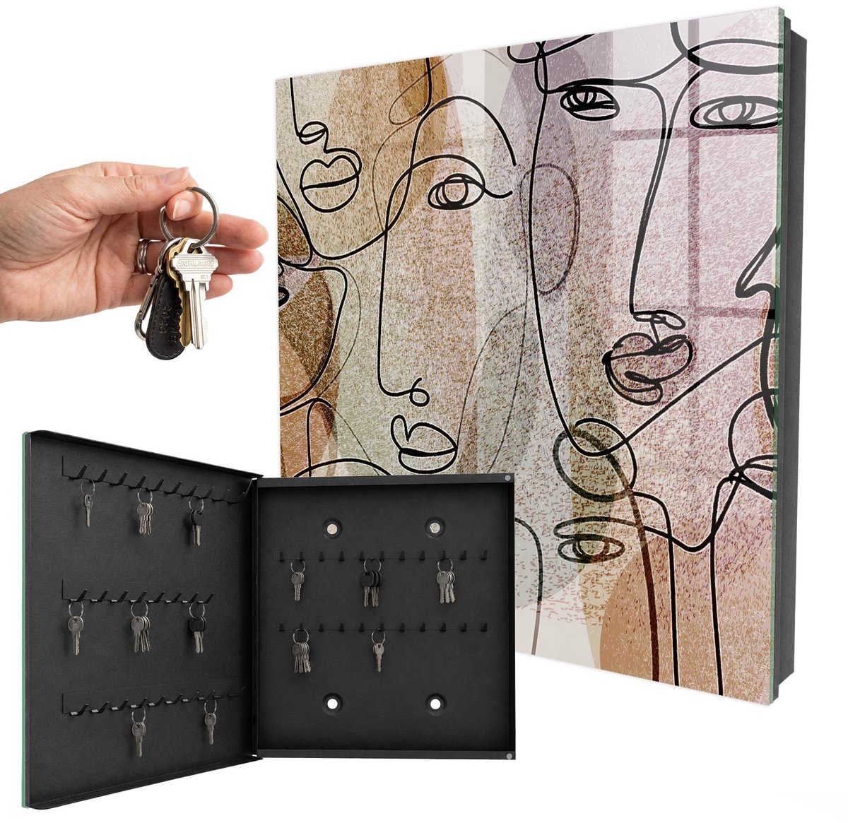 WallMuralia - Sleutelkast - 30x30x5 cm - met 50 haken - Lijntekening Sleutelkastje - Beige Sleutelbox - Linksopenend - Zwart interieur