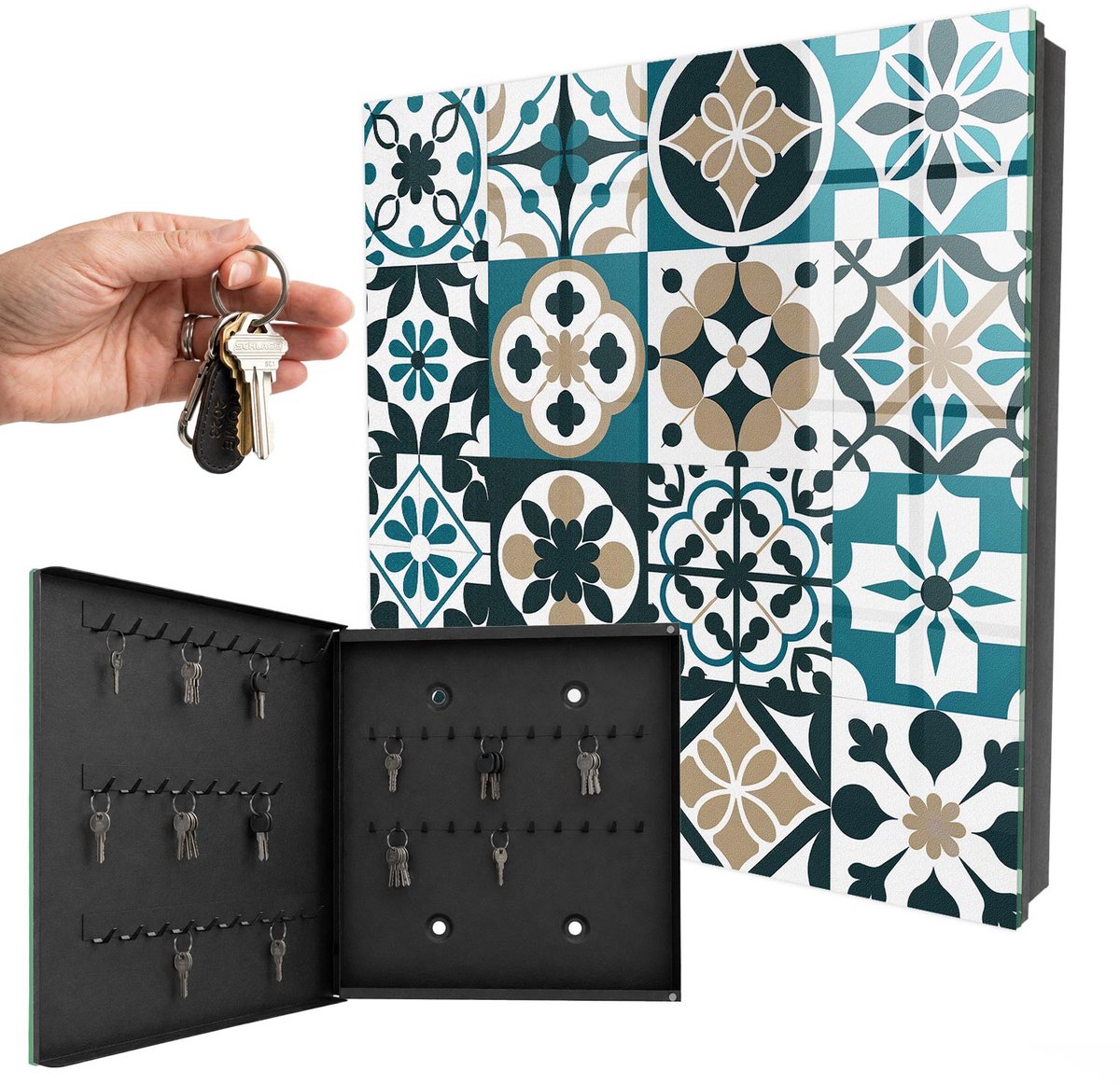 WallMuralia - Sleutelkast - 30x30x5 cm - met 50 haken - Marokkaanse Tegels Sleutelkastje Landelijk - Turkoois Sleutelbox - Linksopenend - Zwart interieur