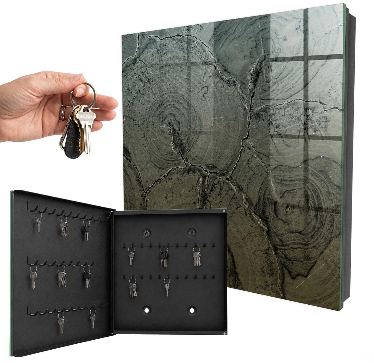 WallMuralia - Sleutelkast - 30x30x5 cm - met 50 haken - Houten Constructie Sleutelkastje Huis - Grijs Sleutelbox - Linksopenend - Zwart interieur