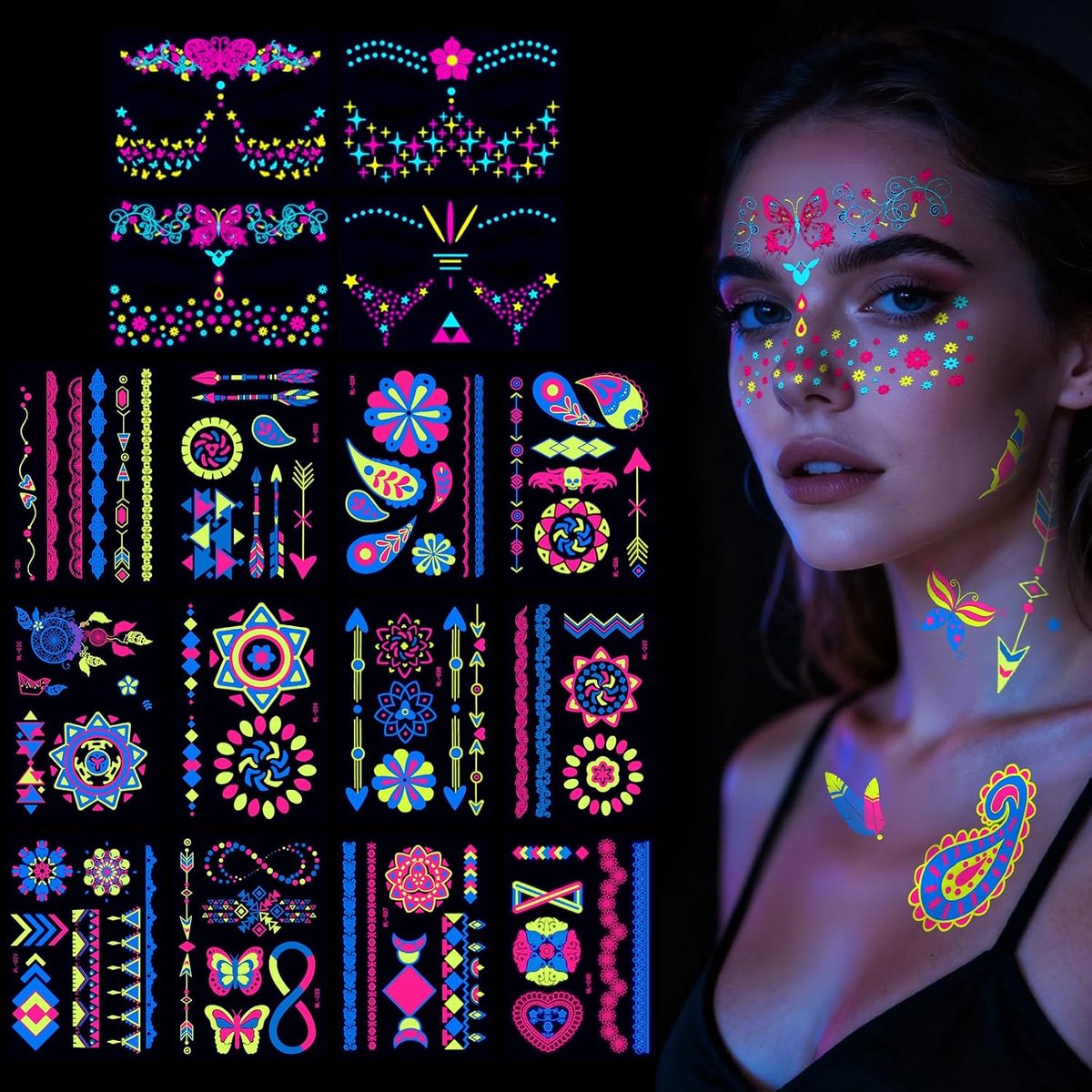 Neon tatoeages, 16 vellen neon gezichtstatoo om op te plakken, waterdichte glitter tatoeage blacklight make-up onder uv, feestaccessoires, Halloween, carnaval, festival