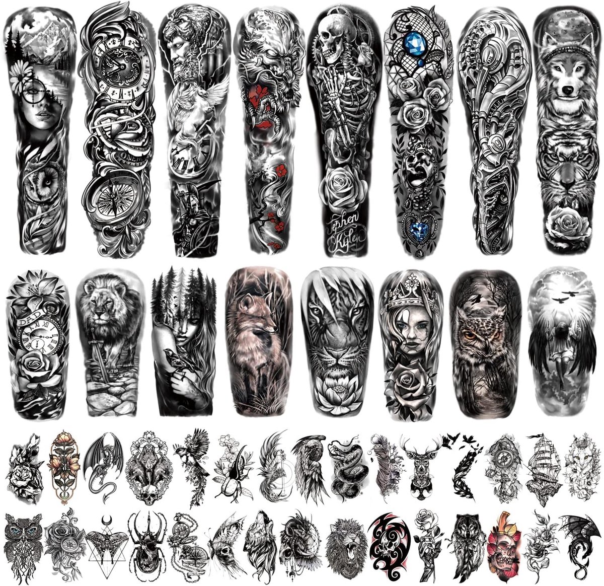 Tijdelijke tatoeages voor mannen, leeuw tijger klok bloem skelet dieren nep tatoeages voor volwassen mannen en vrouwen, lichaam hand onderarm temp-tatoeage