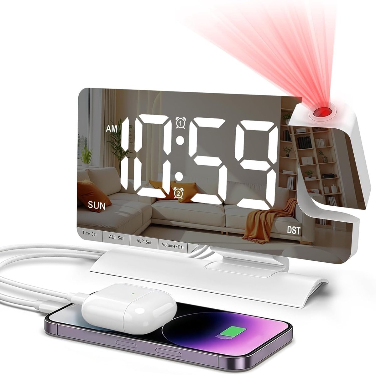 Wekker met spiegelscherm, 7,5 inch en 6 helderheidsniveaus, plafondprojectie, 180 graden draaibaar, dubbel alarm, snooze, USB/type C-poorten, verlichte wekker