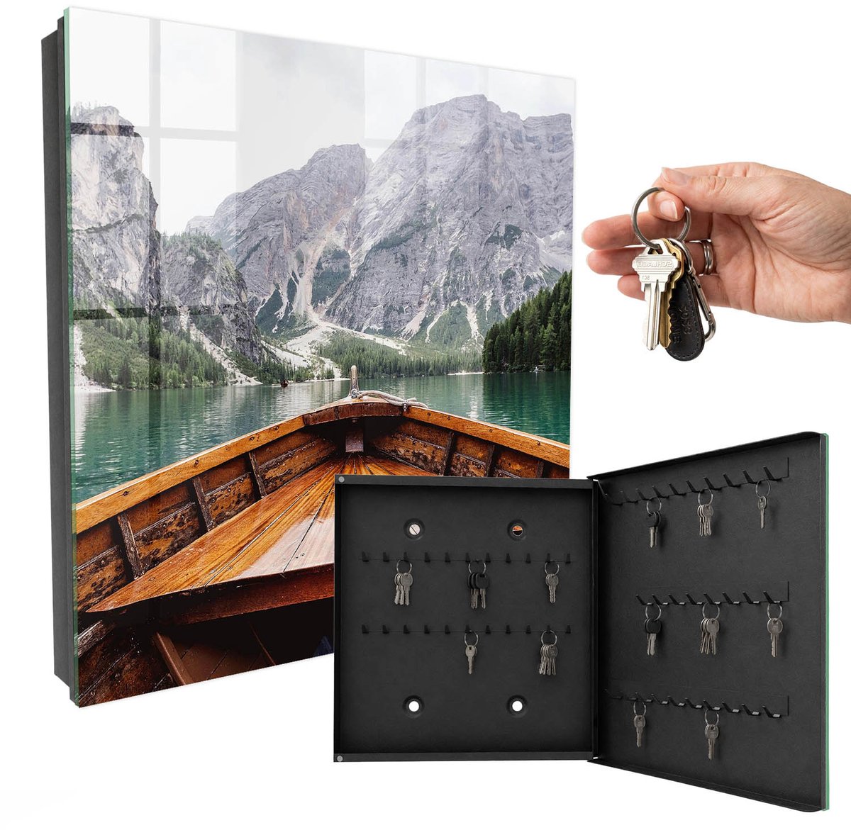 WallMuralia - Sleutelkast - 30x30x5 cm - met 50 haken - Bergmeer Sleutelkastje Klein - Turkoois Sleutelbox - Rechtsopenend - Zwart interieur