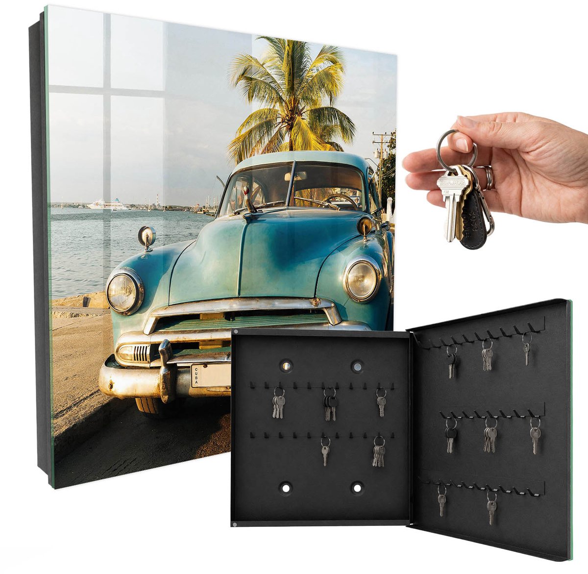 WallMuralia - Sleutelkast - 30x30x5 cm - met 50 haken - Retro Auto Sleutelkastje Muur - Blauw Sleutelbox - Rechtsopenend - Zwart interieur