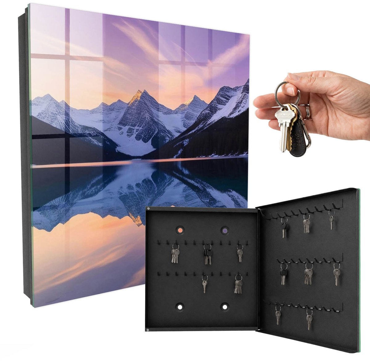 WallMuralia - Sleutelkast - 30x30x5 cm - met 50 haken - Bergwereld Leuk Sleutelkastje - Paars Sleutelbox - Rechtsopenend - Zwart interieur