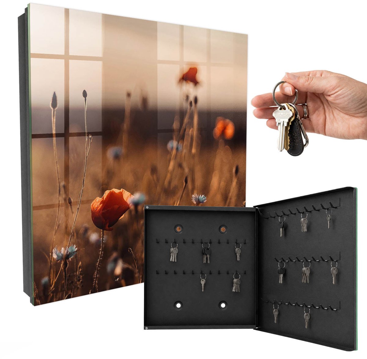 WallMuralia - Sleutelkast - 30x30x5 cm - met 50 haken - Klaprozenvelden Sleutelkastje Hal - Bruin Sleutelbox - Rechtsopenend - Zwart interieur