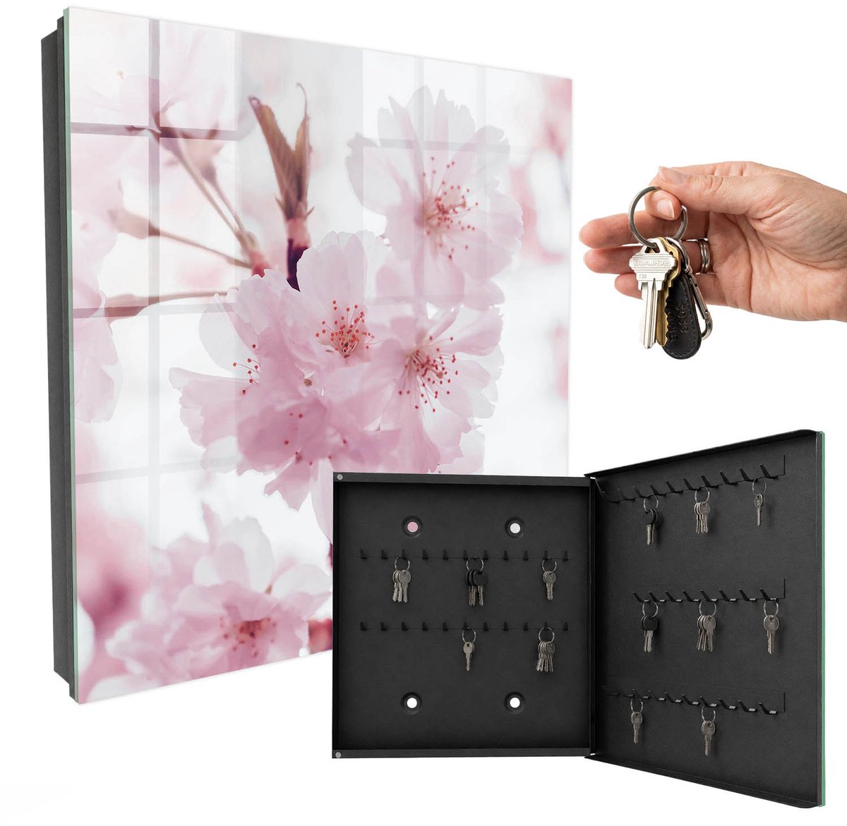 WallMuralia - Sleutelkast - 30x30x5 cm - met 50 haken - Kersenbloesems Sleutelkastje Landelijk - Roze Sleutelbox - Rechtsopenend - Zwart interieur