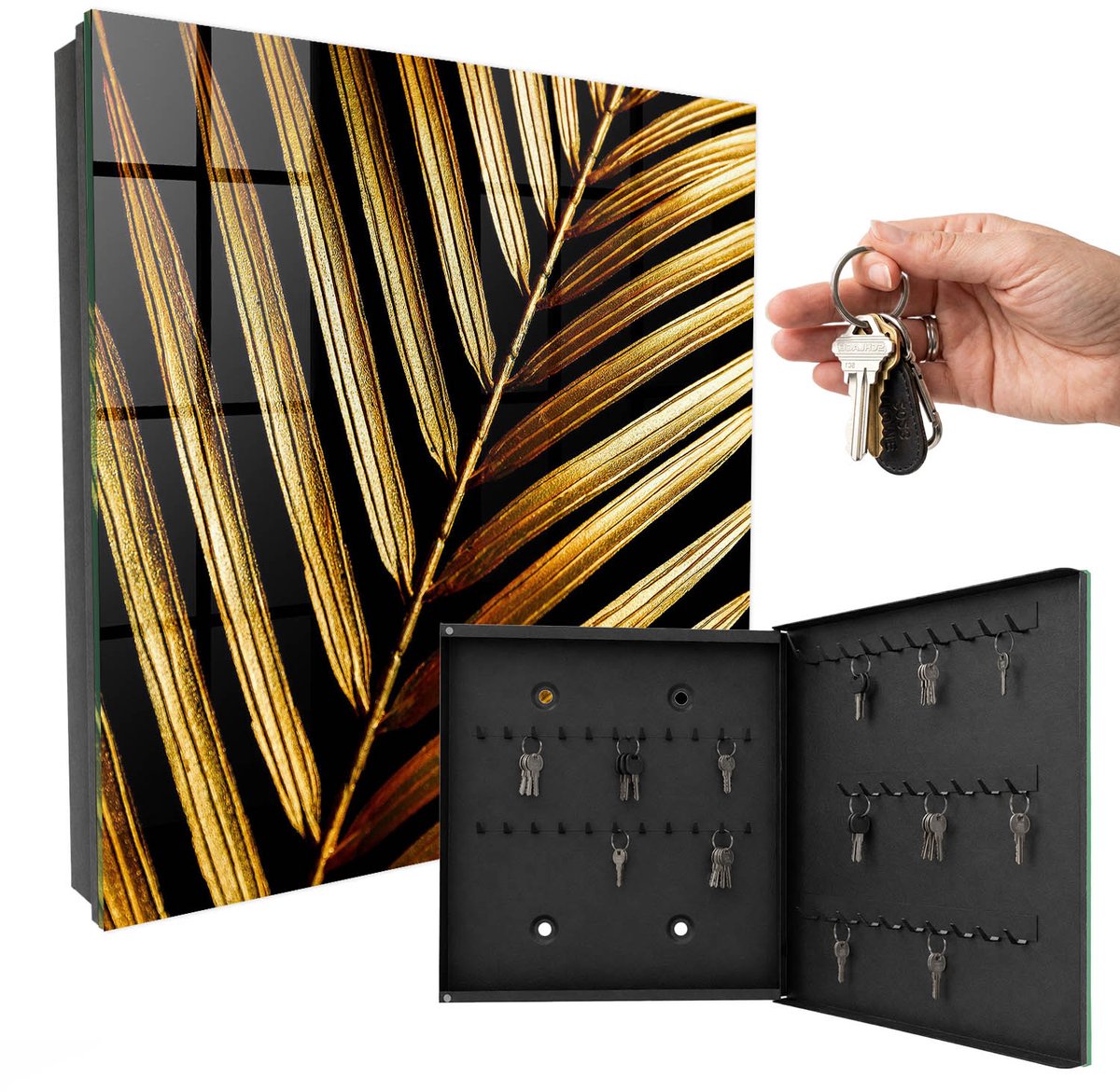 WallMuralia - Sleutelkast - 30x30x5 cm - met 50 haken - Elegant Blad Sleutelkastje Klein - Zwart Sleutelbox - Rechtsopenend - Zwart interieur