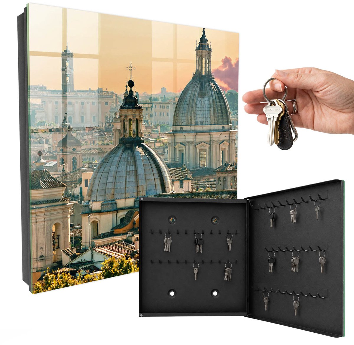 WallMuralia - Sleutelkast - 30x30x5 cm - met 50 haken - Stadspanorama Sleutelkastje Industrieel - Beige Sleutelbox - Rechtsopenend - Zwart interieur