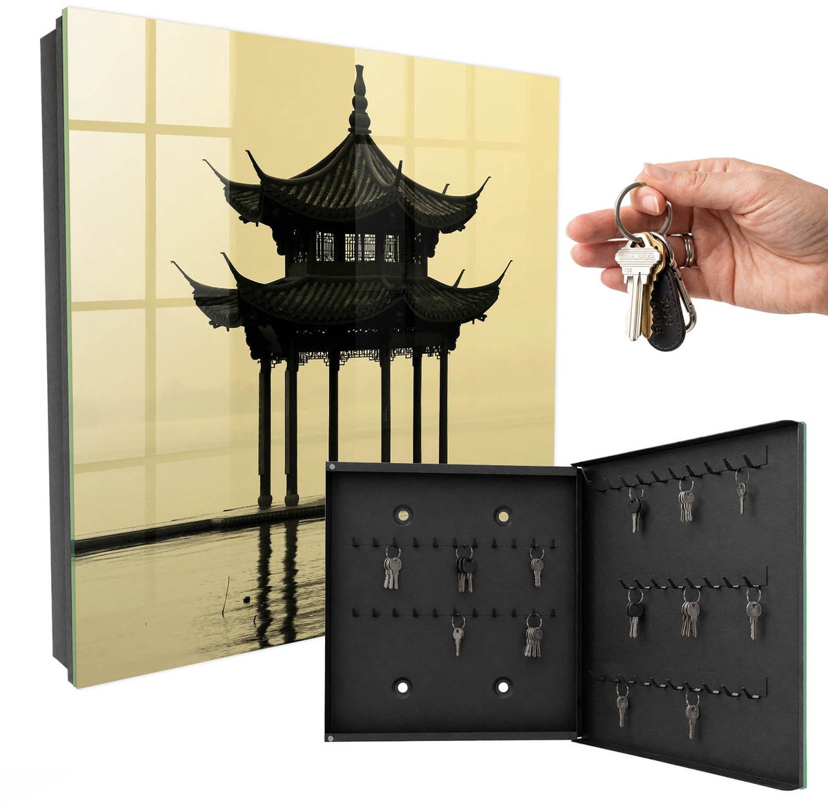 WallMuralia - Sleutelkast - 30x30x5 cm - met 50 haken - Paviljoen In Het Water Groot Sleutelkastje - Geel Sleutelbox - Rechtsopenend - Zwart interieur