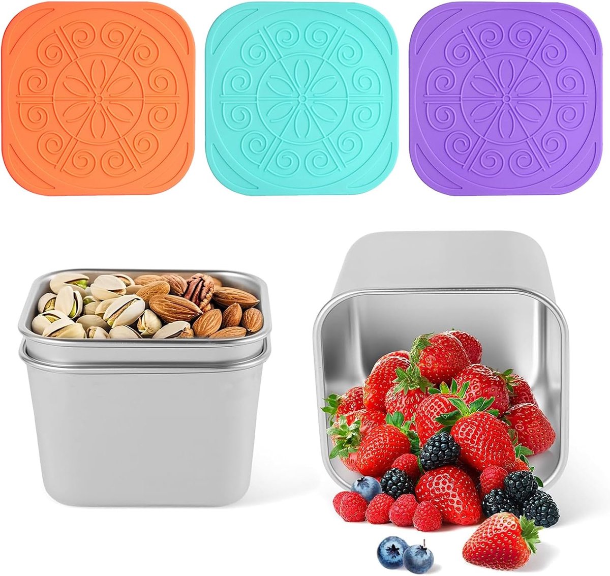 3-delige set rvs voedselopslagbox met deksel, rvs keukensosschalen, rvs snackbox, waterdicht en vershoudend, voor het bewaren van snacks, fruit en