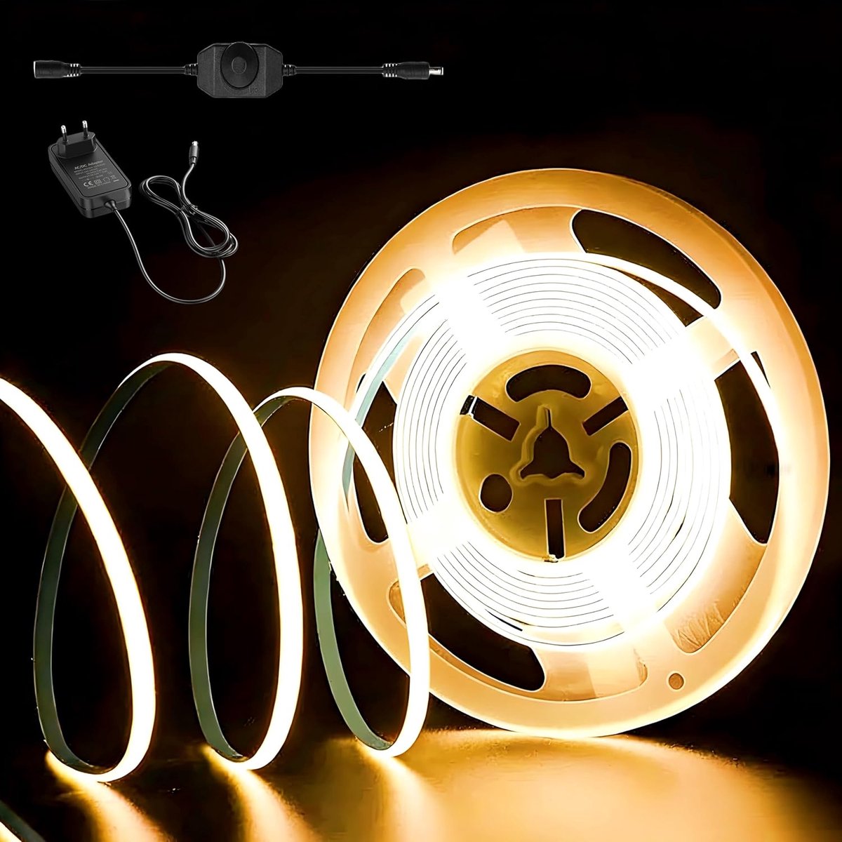 3 m, warmwit, 3000 K, dimbaar, met voeding en dimmer, 8 mm breed, CRI92, zelfklevend, voor onderbouw, tv, keuken, woonkamer, doe-het-zelf