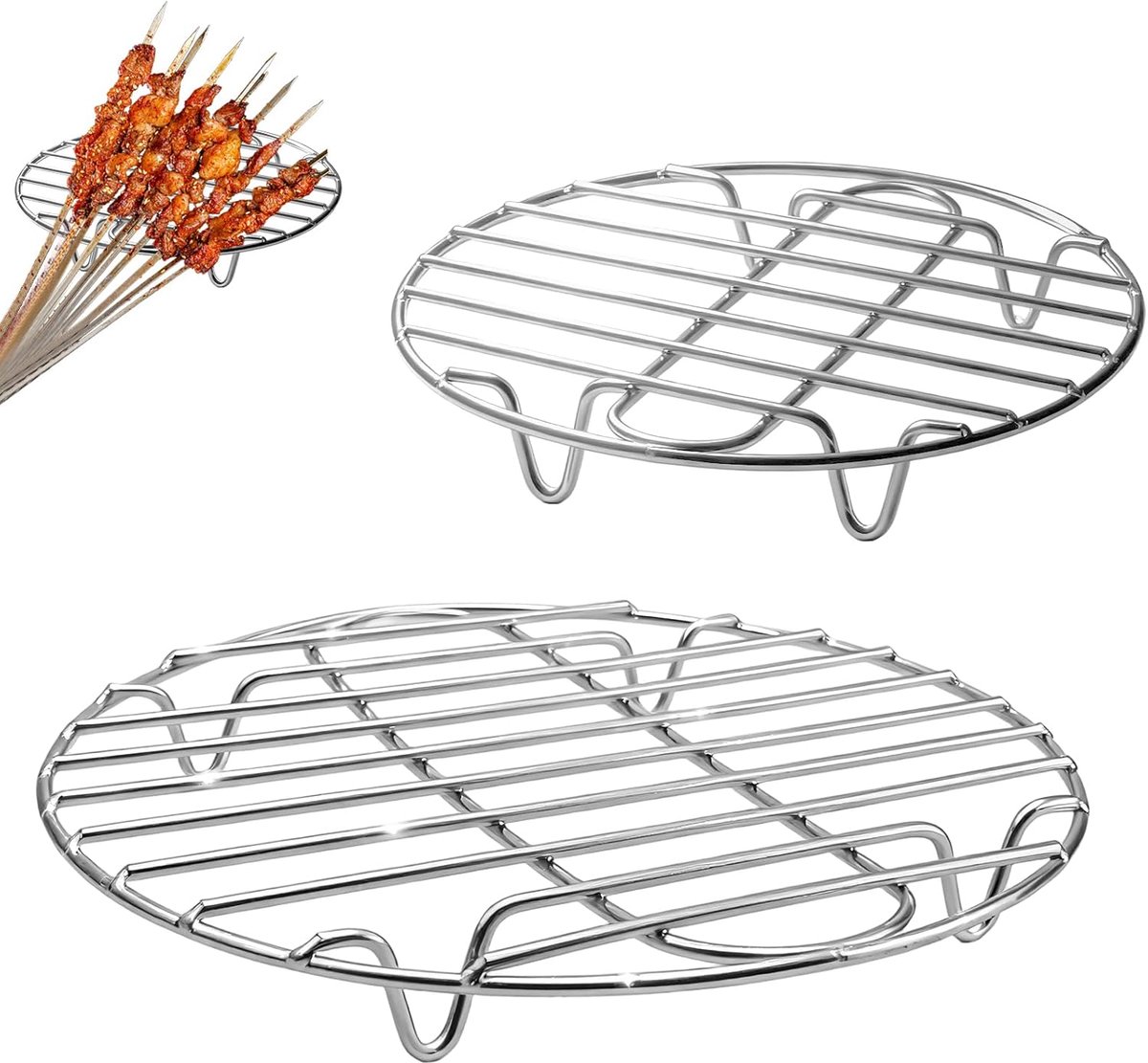 Afkoelrooster van roestvrij staal, 2 stuks, rond, 20 cm en 27,5 cm, keukenrooster, roestvrij staal, taartrooster, afkoelrooster, hoogte 3 cm, voor bakken, koelen, stomen, grillen