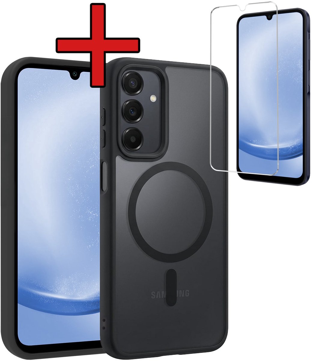 Hoesje - Met Screenprotector - Geschikt voor Samsung Galaxy A25 - Magsafe Compatible - Sterk & Shockproof - Shock Proof Case - Back Cover - Telefoon Hoes - Telefoonhoes - Zwart