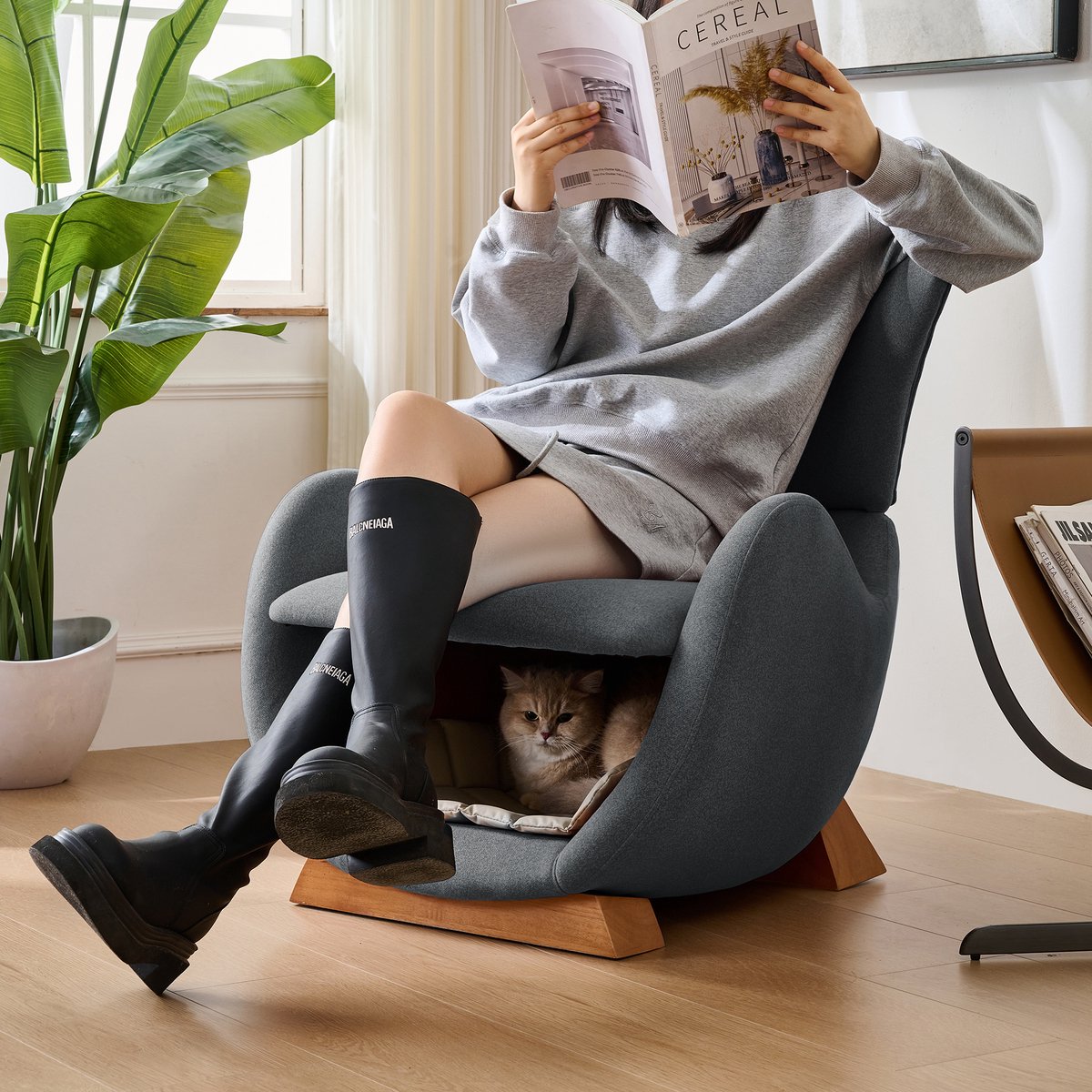 Designer loungestoel - walvishaai-look - huisdiervriendelijk - anti-kattenkrasstof - enkele bank - tv-stoel in de woonkamer - grijs