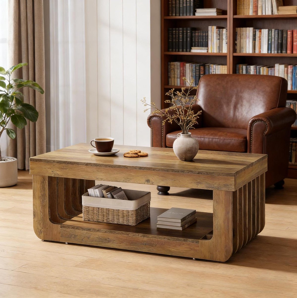 COVREO Salontafel 120x60x45 cm bruin, MDF met opbergplank landelijk Brown