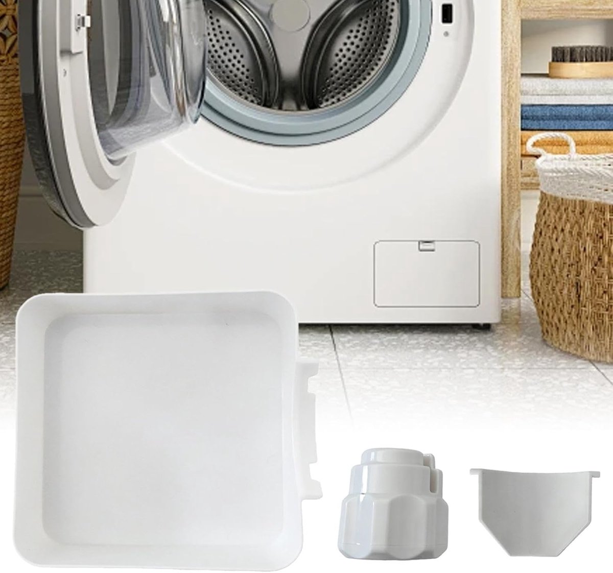 Wasmachine Afvoeropvangbak - Universele Wasmachine Lekbak - Afvoer Trechter voor Wateropvang - Druppelbak voor Pluizenfilter - Herbruikbaar Kunststof - De driedelige set omvat de stromingsgeleider en de moer - wit