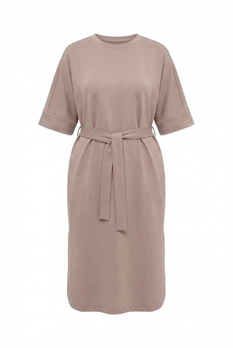 Ulla Popken - Dames - Midi-jurk oversized ronde hals korte mouwen zakken - Bleekbruin - Maat 58+
