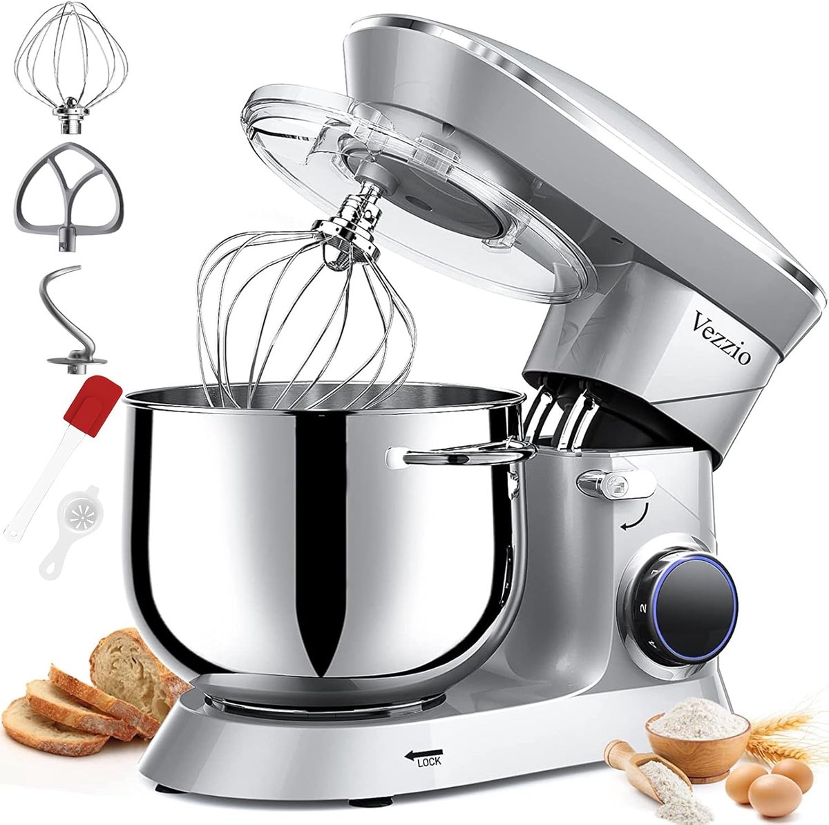SnelShoppen - Vezzio Keukenmachine 8,5 l, Deegmixer met 10 Stappen, Menghaak, Deeghaak, Garde en Spatbescherming - Zilver voor Koken en Bakken
