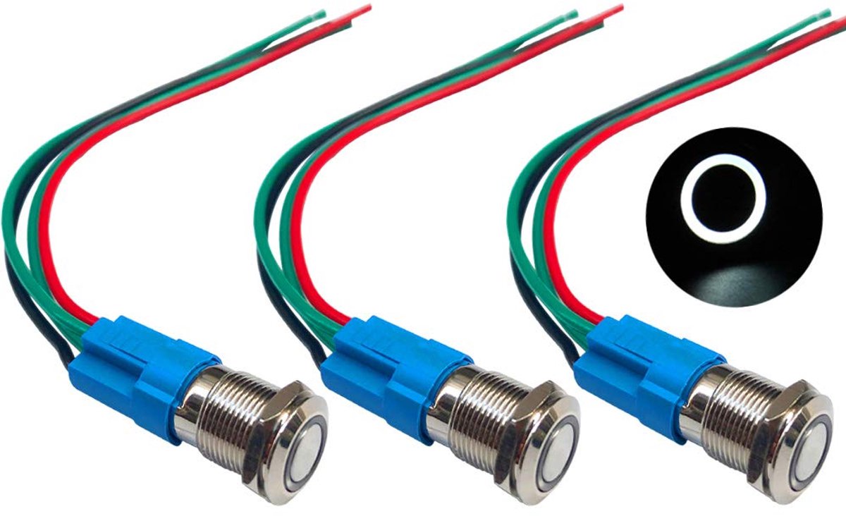 3 Stks Premium 12V/24V 3A Momentary Drukknopschakelaar, 12mm Auto Ontsteking Starter Schakelaar, Wit LED Licht Roestvrij Staal IP66 Waterdichte Schakelaar met Socket Plug Draad