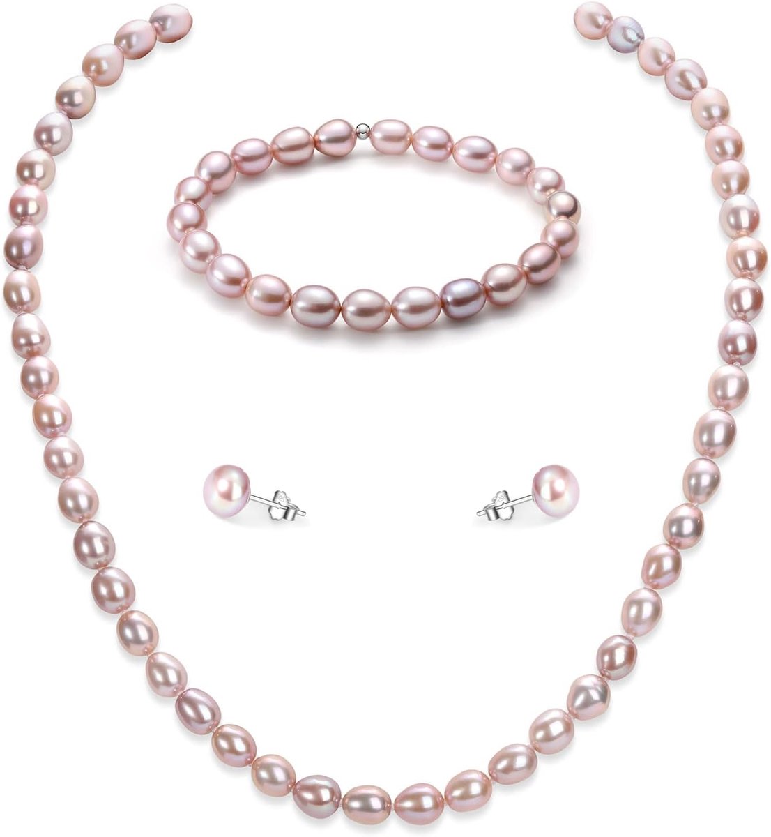 Parelkettingset, zwart/wit/roze paarse parelsieradenset, pareloorbellen, parelketting dames, parelarmband 6 - 7 mm, 925 sterling zilver, damessieraden voor elke gelegenheid