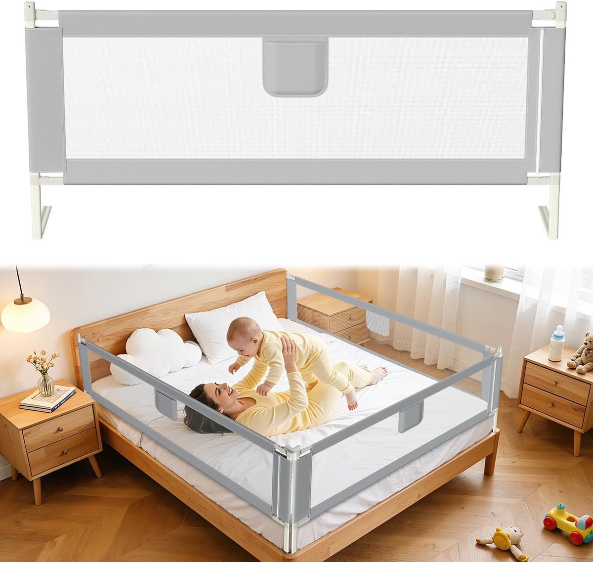 Omgoods - Bedhekje 180 x 80 cm - Hoogte Verstelbare Valbescherming voor Kinderen en Ouders