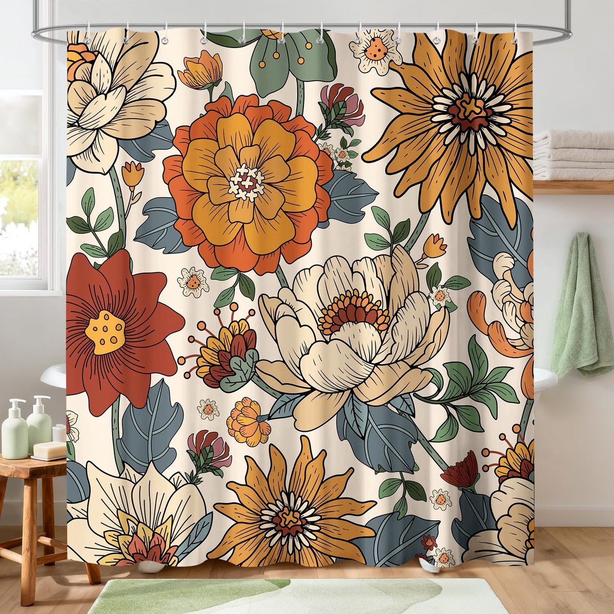 Omgoods - Retro Bloemen Douchegordijn 180 x 180 cm