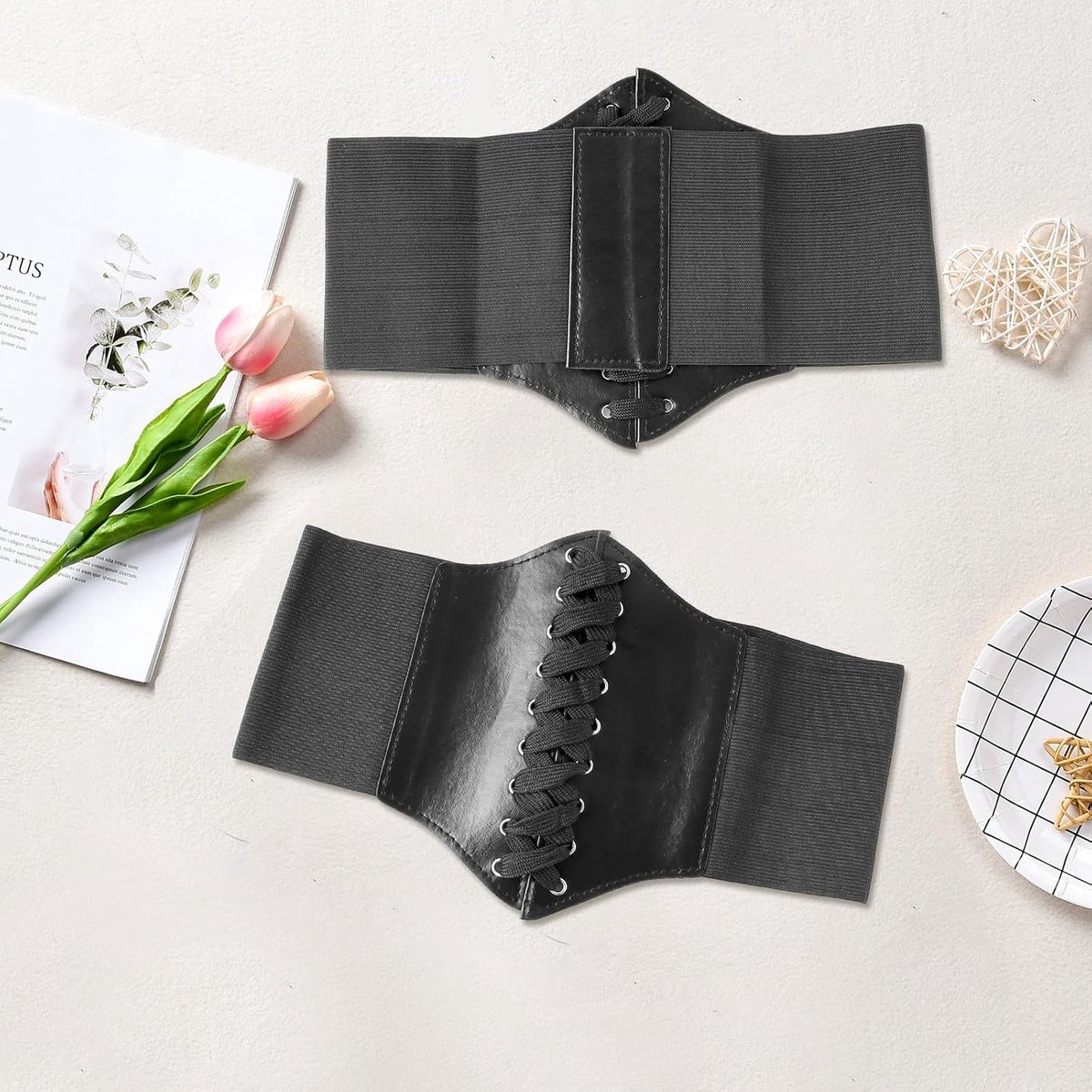 dames brede tailleriem leer PU zwart Korsetriem voor jurk, mantel, shirt, cosplay, kostuum, Halloween, feesten, evenementen, 2 stuks