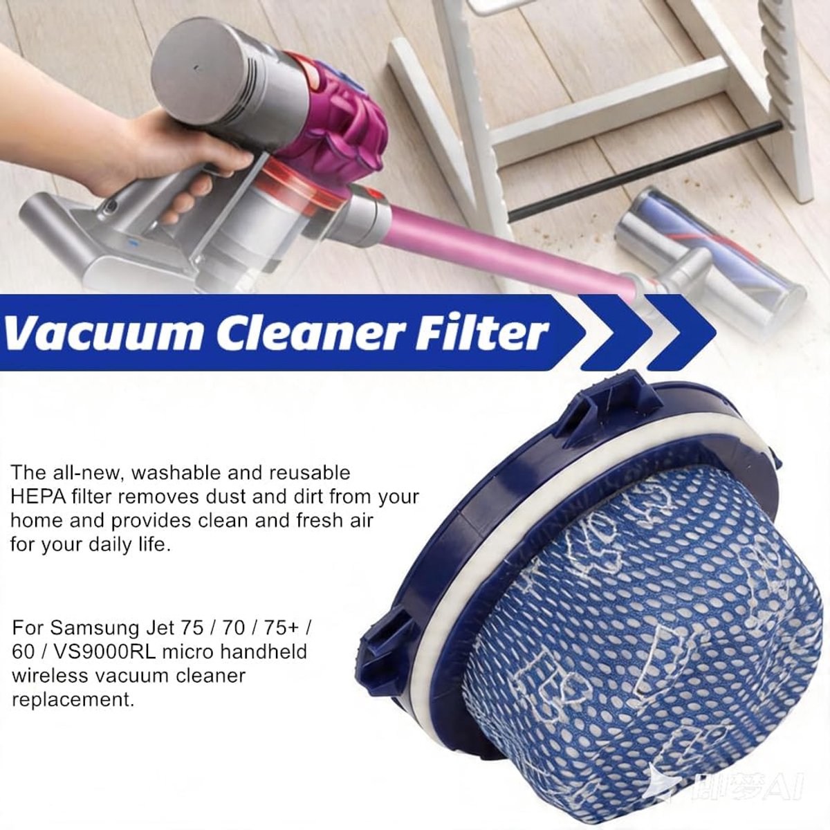 Hepa-filter, compatibel met Jet75, Jet90, Jet70, Jet75, Jet60, VS9000RL, efficiënt ontwerp, wasbare en herbruikbare filteronderdelen, geschikt voor Jet 60, 70, 75, 90