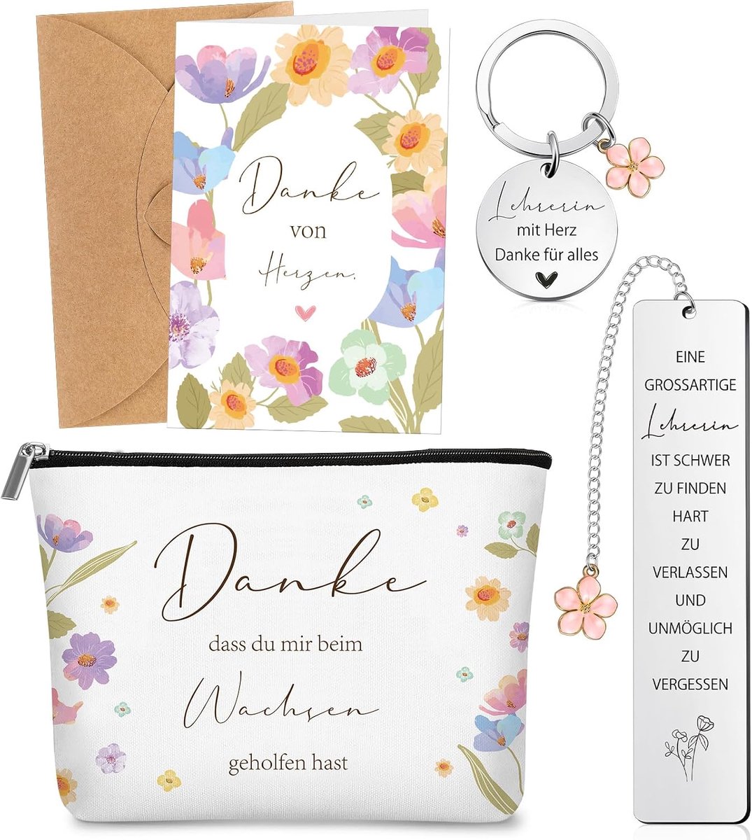 5-Delige Set Bedankjes Voor de Dag Van de Leraar: Sleutelhangers Met Gravure, Metalen Boekenleggers Voor Leraren, Make-Uptasje Voor Leraren, Bedankkaartje Met Envelop(Bloemenstijl)