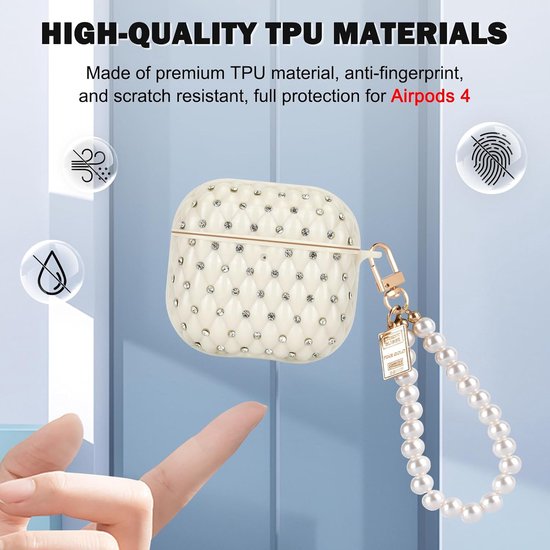 compatibel met Airpods 4e generatie met parel-sleutelhanger, beschermhoes met glinsterend diamantpatroon voor vrouwen, krasbestendige TPU-behuizing, schokbestendig, stofdicht, van compatibel — afbeelding 3