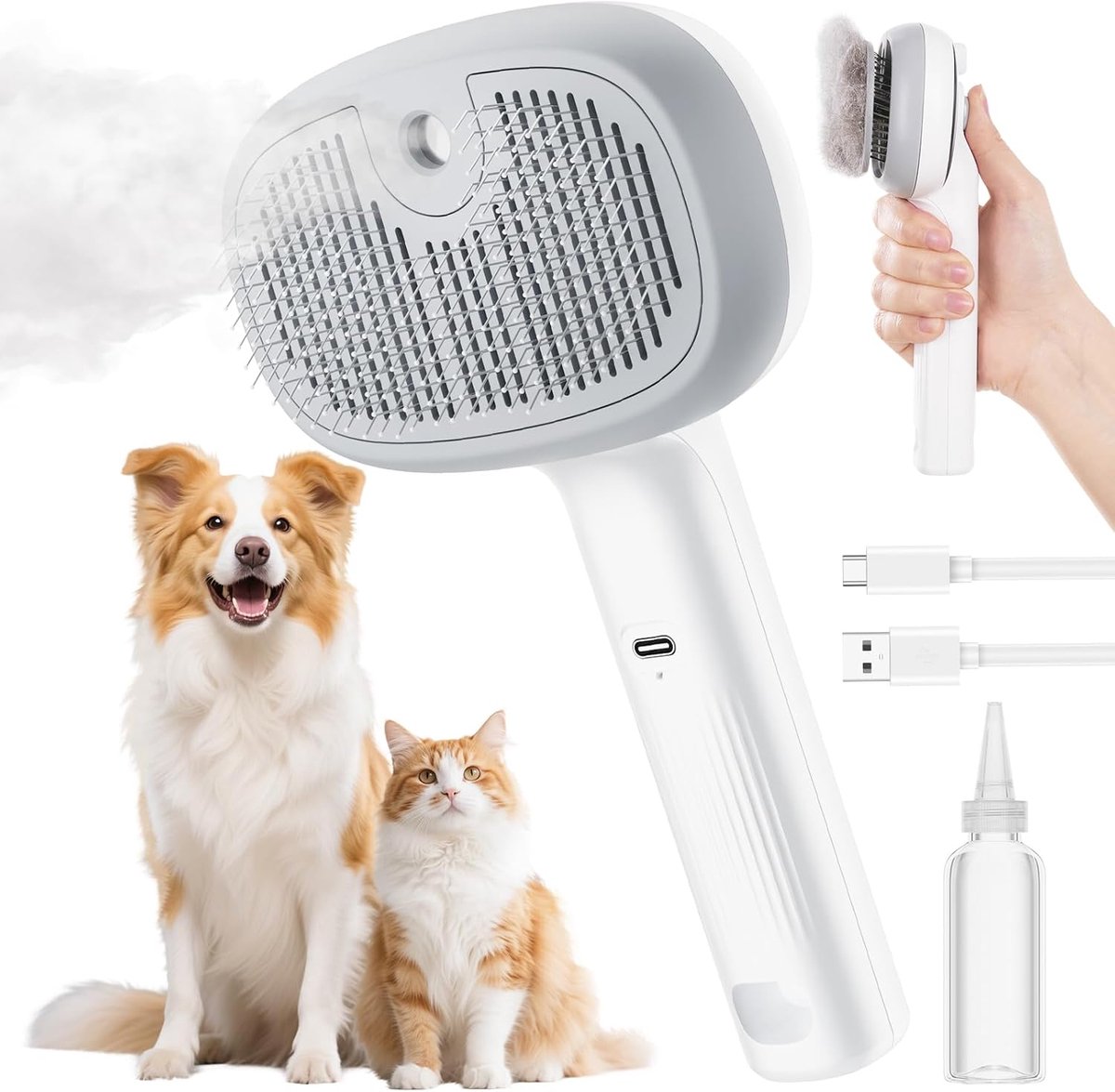 pecute Stoomborstel voor katten, multifunctioneel, oplaadbaar | Zelfreinigende, antistatische massagekam voor lang haar, katten, honden, alleen koude nevel (wit)