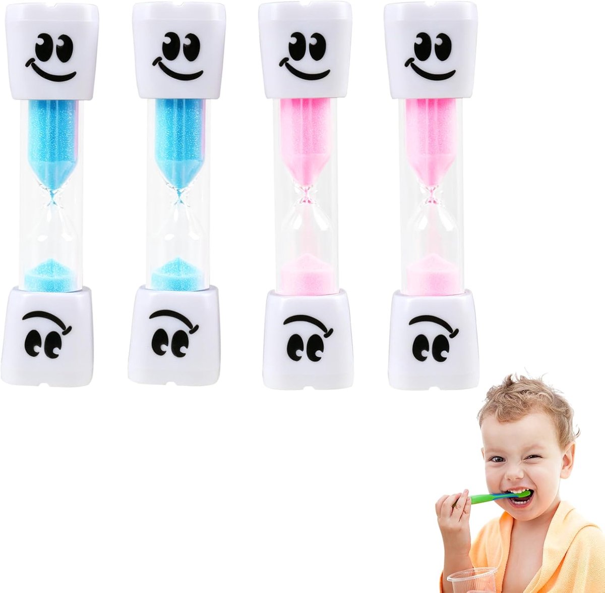 Zandloper van 3 minuten voor het tandenpoetsen van kinderen, 4 stuks, gekleurde timer, blauw en roze, praktische accessoires om te leren tanden te poetsen, duurzame zandlopers voor kinderen