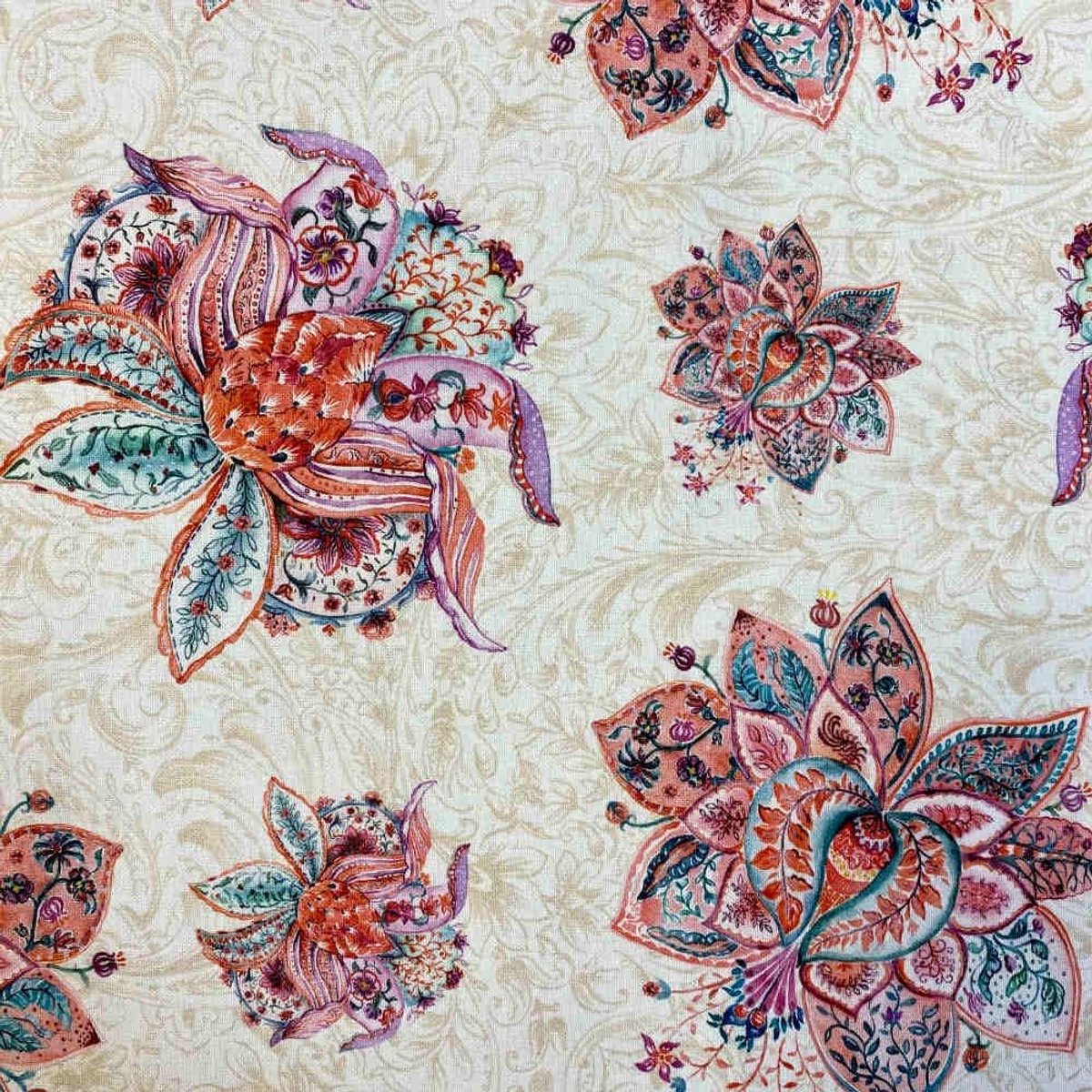 Stof - half panama van 100% katoen - patchwork 100 cm lang x 140 cm breed, bloemen - roze, groen - 1 meter