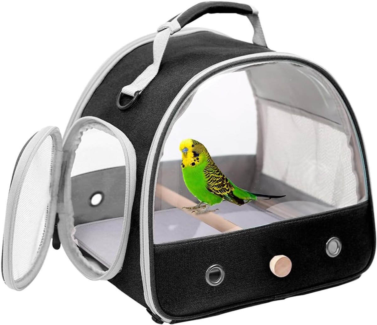 Vogelreisdraagtas, Draagbare Vogelkooi voor Papegaai Parkiet Budgie Valparkiet met Zachte Mat en Houten Standaard Perk (Zwart)