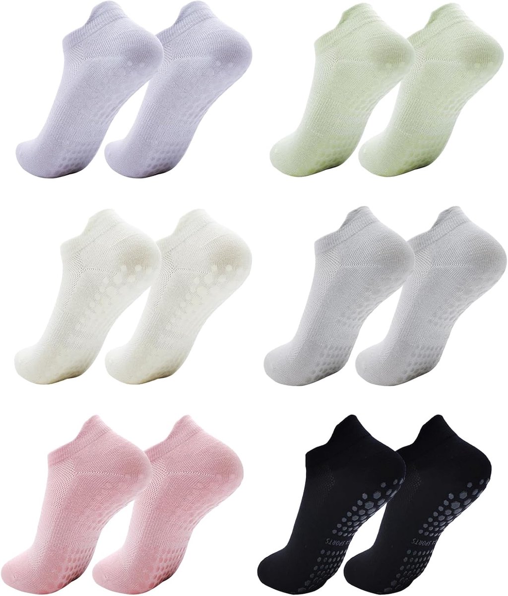 Sokken met antislipgrip, 6 paar, antislip, pilatesokken, yoga, fitness, gripsokken, antislipsokken, valpreventie, enkelsokken voor dansen, pilates, yoga, Wit Zwart Roze Groen Grijs Paars