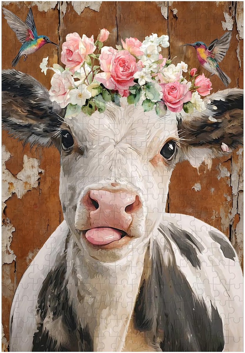 Omgoods - 300 Stuks Legpuzzel vol Dieren en Bloemen - Rustieke Koe met Kolibries