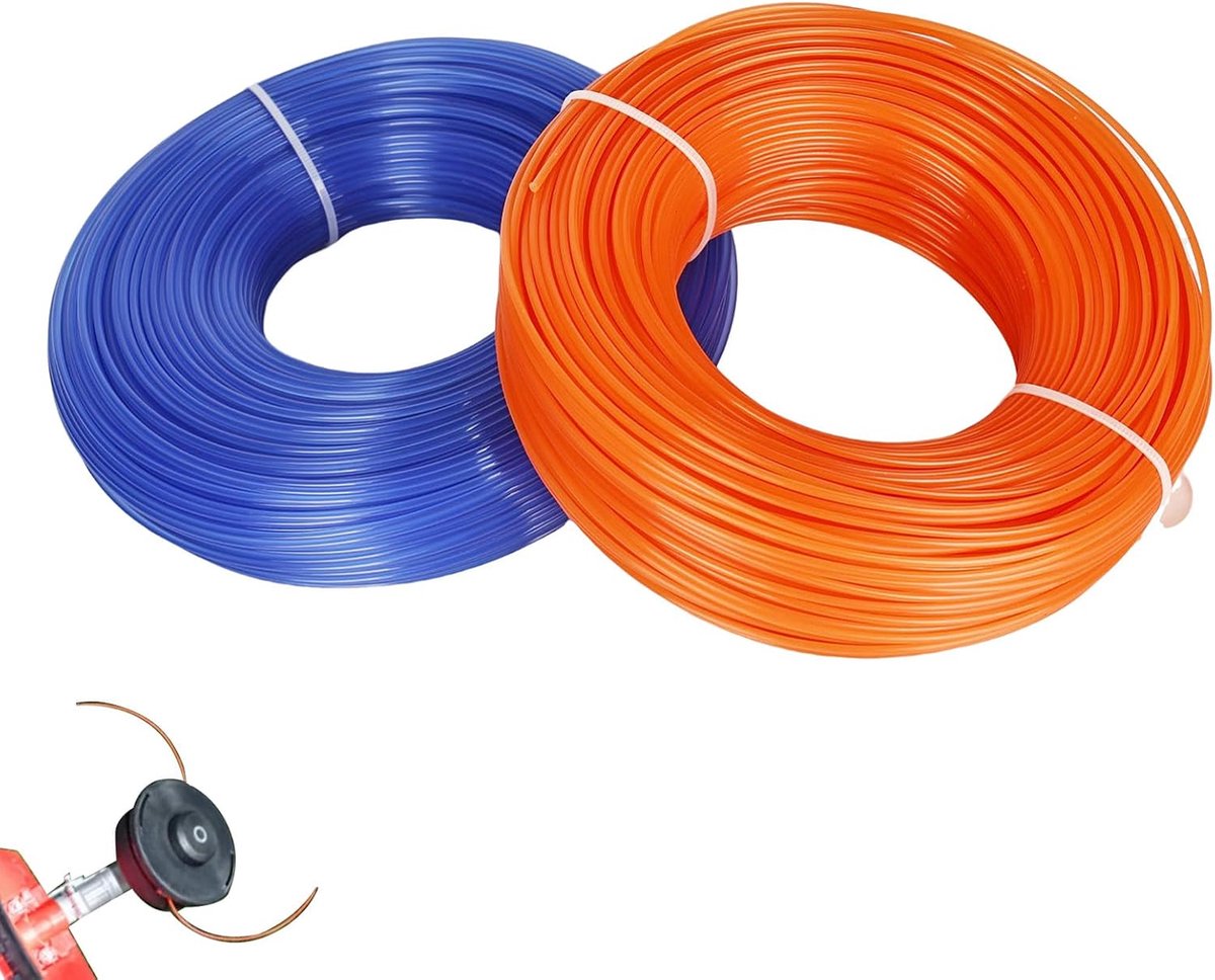 Draad, 1,6 mm x 100 m, maaidraad, grastrimmerdraad, reserve grastrimmer, reservedraad voor grastrimmer, trimmersnoer voor park, tuin, tuin, gras, onkruid, blauw, oranje, 100 m x 2 stuks