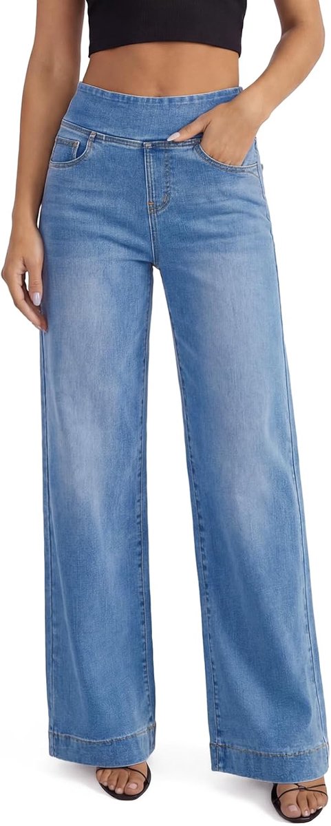 Jeans voor dames, hoge taille, buikcontrole, rekbaar, baggy, trendy, rechte spijkerbroek met zakken