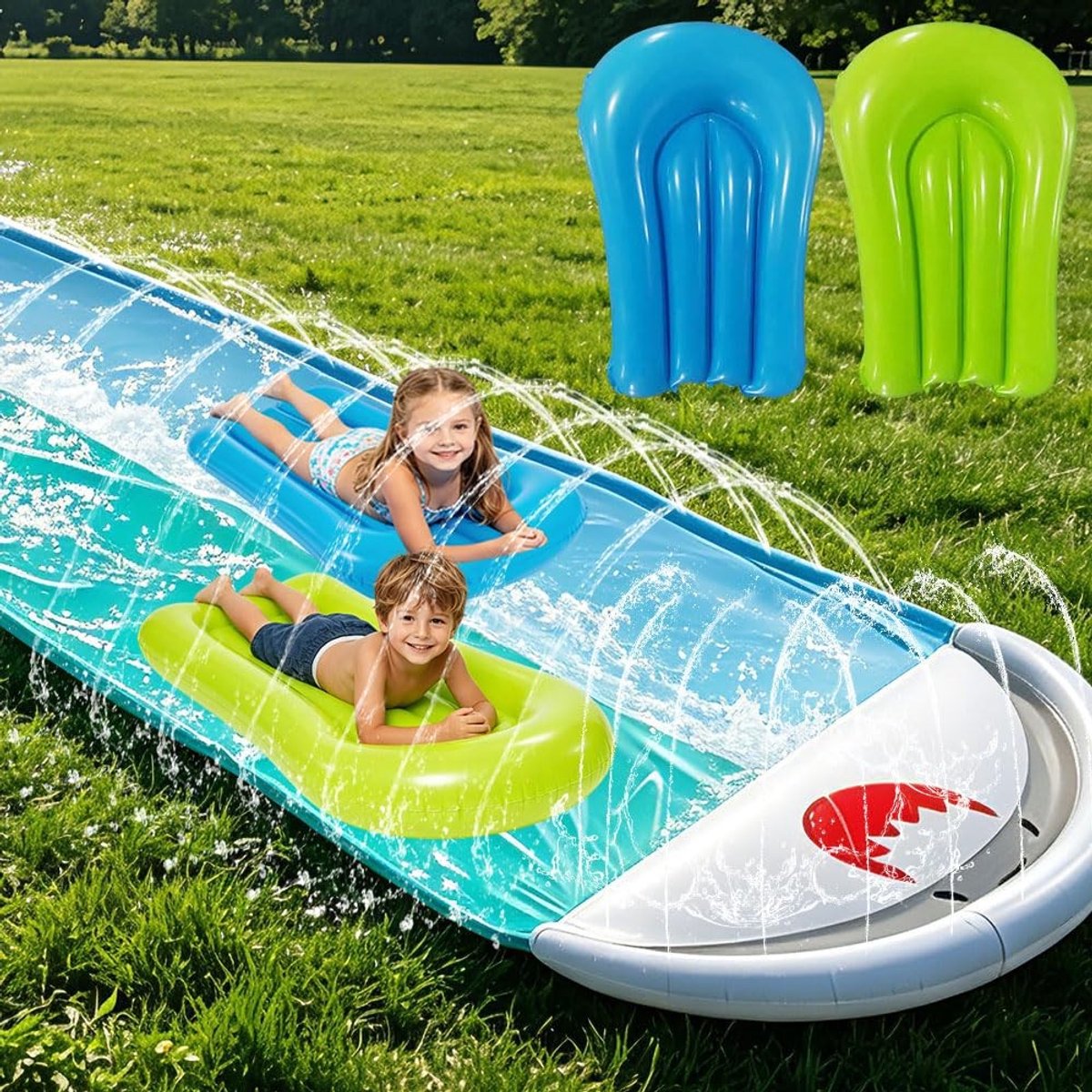 Omgoods - Outdoor Water Slide voor Kinderen - Dubbele Waterglijbaan met 2 Bodyboards