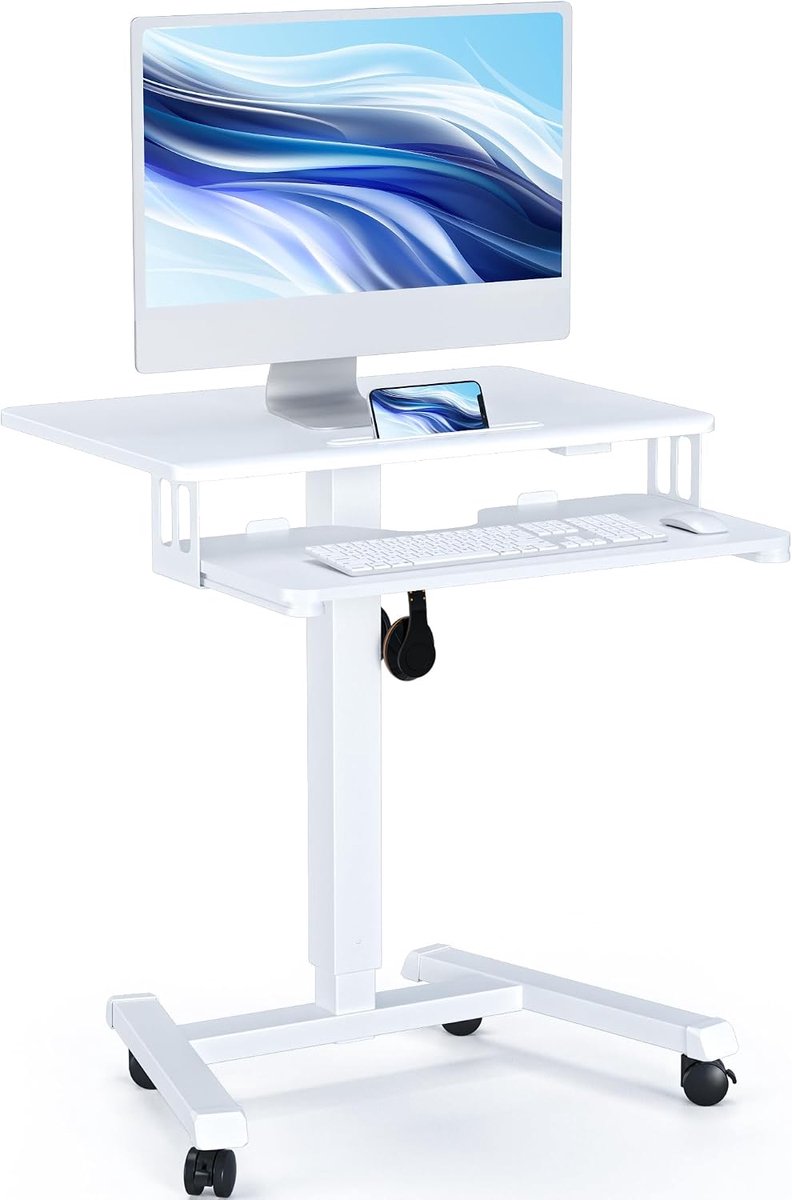 Verstelbaar Mobiel Bureau met Toetsenbordplank, 65x45cm Staande Werkplek op Wielen, Ergonomische Laptoptafel voor Woonkamer en Slaapkamer, Wit