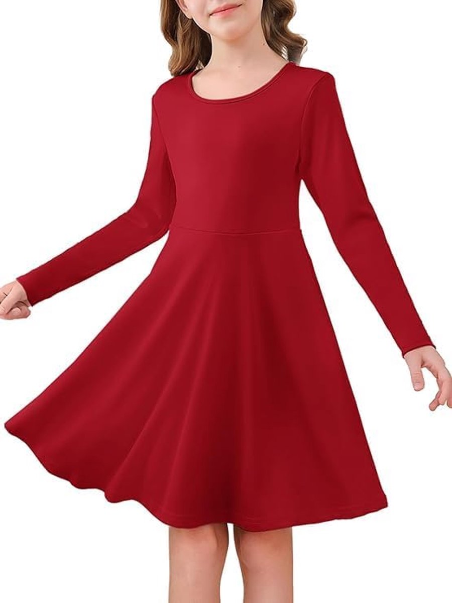 Meisjesjurk met lange mouwen, ronde hals, vrijetijdsjurk, A-lijn, elegante partyjurk, effen, casual, midi-jurk, feestelijke bruiloft, kinderjurk, 5-14 jaar, rood, 9-10 Jaar