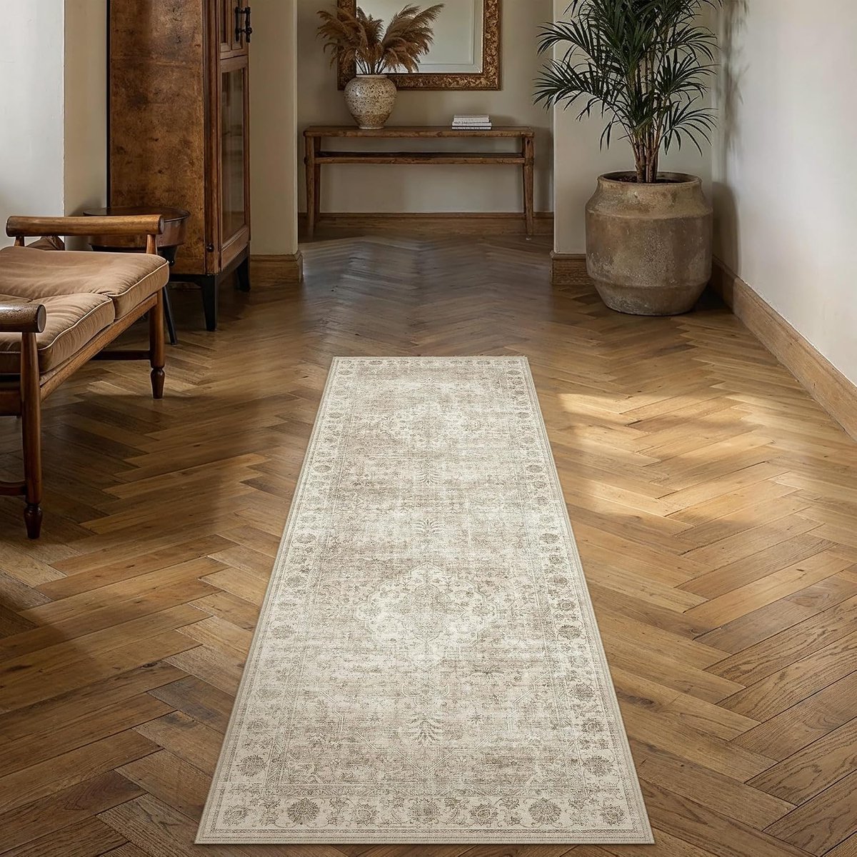 SnelShoppen - Vintage Loopkleed 60x180cm Beige Antislip Vloerkleed Machinewasbaar voor Keuken, Slaapkamer, Kinderkamer, Korte Pool, Retro Stijl
