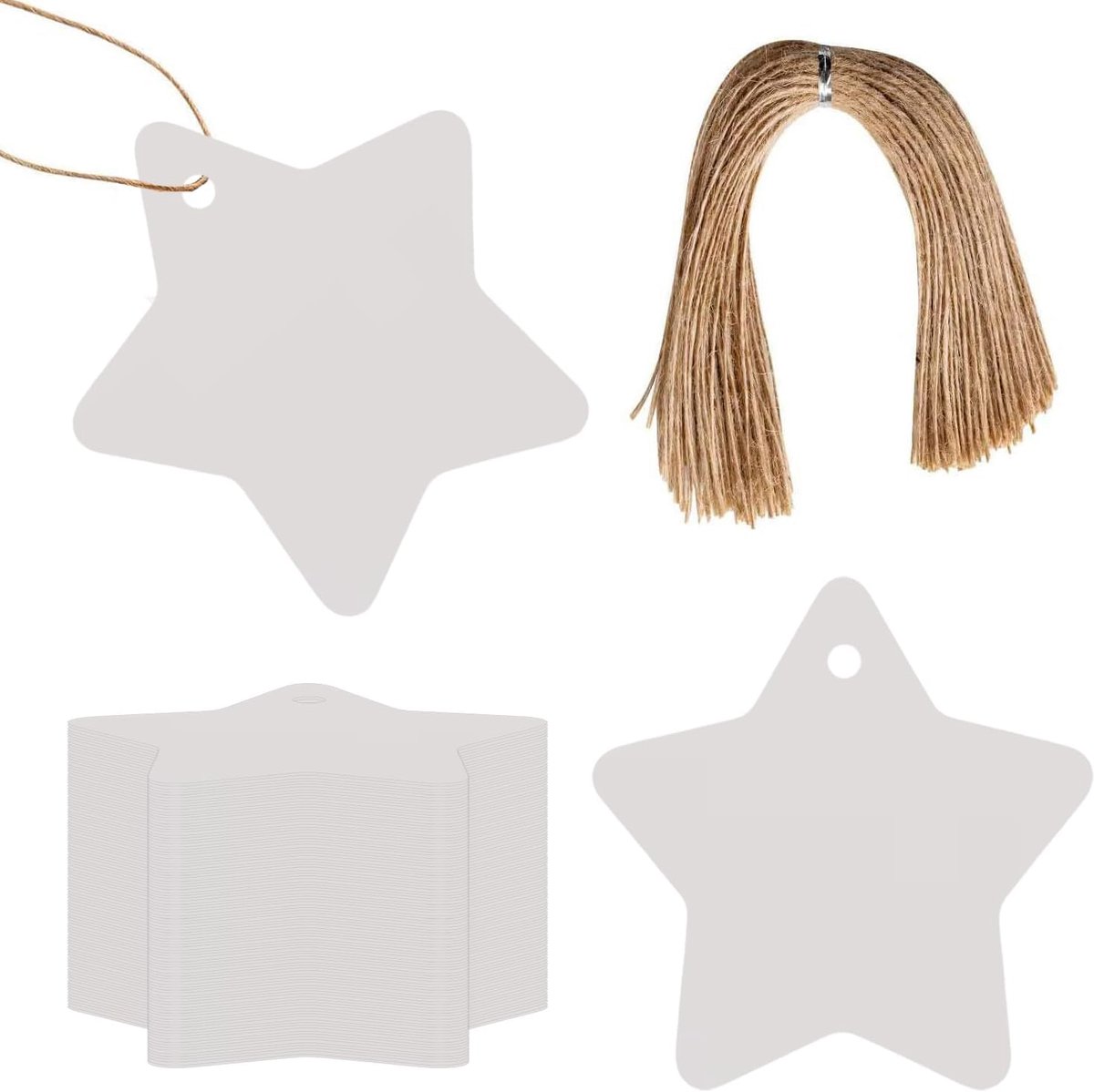 Cadeaulabels stervormig 6x6cm - witte kraft met geel jute touw - voor kerstcadeaus en knutselwerk - SnelShoppen