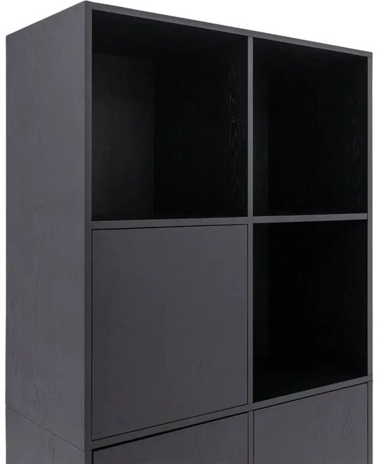 Étagère murale noire en bois avec 4 compartiments ouverts et 2 compartiments fermés.